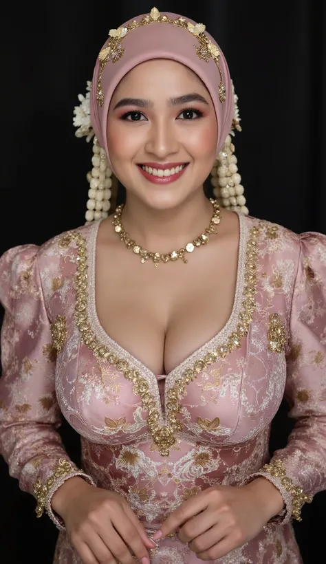 A beautiful indonesian mom 45s has sexy hot mommy mature milf plump body, dressed in traditional Javanese formal attire, She wears a wearing a pink kebaya with gold ornament , paired with a beautifully patterned batik kain in earthy tones . His outfit is c...