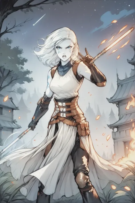 KateR, Pencil sketch, lineart, monochrome, Jarael, alabaster white skin, blue tattoos, facial mark, wearing black body armor, holding a shock-staff with both hands, dynamic stance, ready to fight, dark background, a building on fire in the background, nigh...