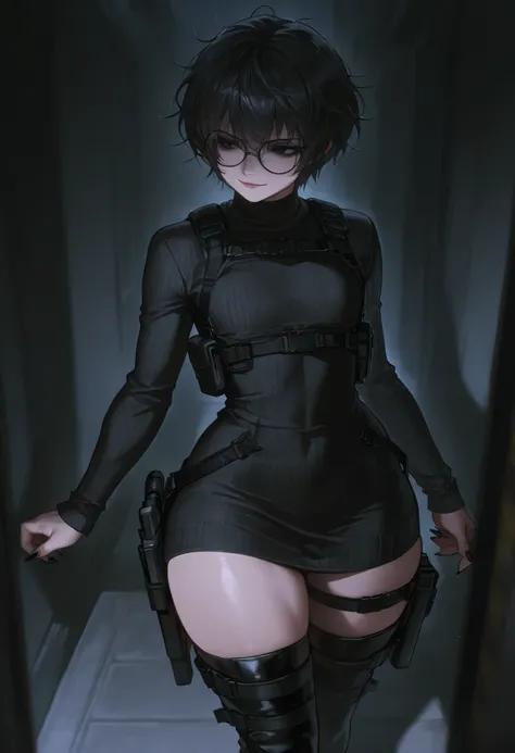 score_9, score_8_above, score_7_above, score_6_above, \(quality\), L0LSPL4SH, solo, 1male, femboy, ((thick thighs , wide hips)), strong arms, medium black hair, black round glasses, messy hair, black eyes, makeup, black sweater dress, long sleeves, black t...