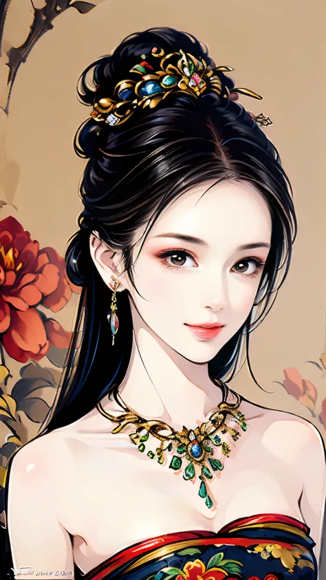👧💋💋💖😊 Free painting style full of harmony, perfect face, Smile Yan, perfect style, Well-shaped medium chest, earrings, necklace, Old-fashioned beauty painting symbolizing China, perfect art, Perfect drawing composition, Open the top slightly, placed in the...