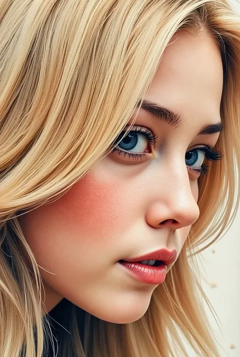 (masterpiece, top quality:1.2), abstract pattern ,fabric art, watercolor, memorable portrait of a blond woman with blue eyes . profile picture of a woman looking down 、 beautiful blond hair covering her cheeks . Beautiful and Sad Moments .