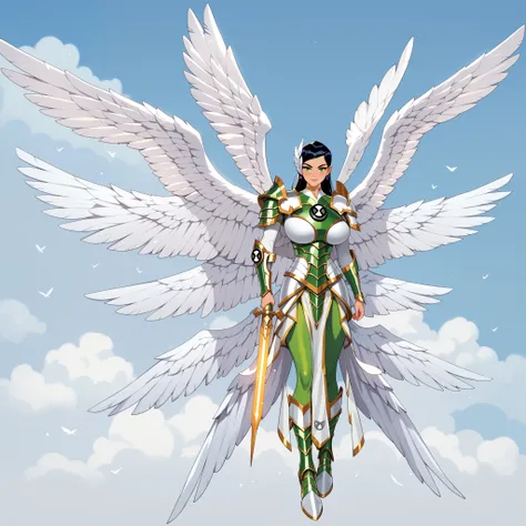 1girl,long hair, black hair, armor, huge breasts,12wings, wings, angel,colores armor, green armor, green pants, ben10, perfect eyes, perfect breasts, perfect face, perfect armor, ultra detailed wings, ultra detailed eyes, ultra detailed armor,