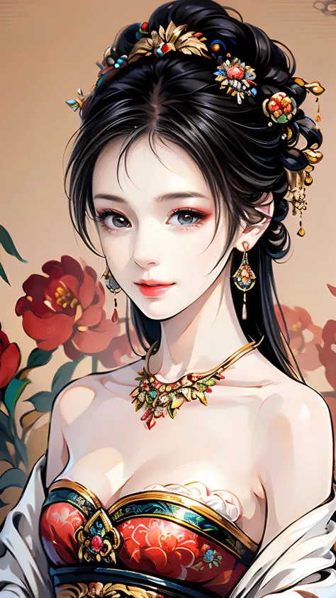 👧💋💋💖😊 Free painting style full of harmony, perfect face, Smile Yan, perfect style, Well-shaped medium chest, cleavage, earrings, necklace, Old-fashioned beauty painting symbolizing China, perfect art, Perfect drawing composition, Open the top slightly, pla...