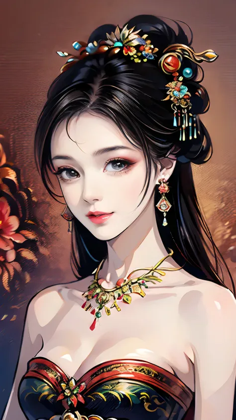 👧💋💋💖😊 Free painting style full of harmony, perfect face, Smile Yan, perfect style, Well-shaped medium chest, cleavage, earrings, necklace, Old-fashioned beauty painting symbolizing China, perfect art, Perfect drawing composition, Open the top slightly, pla...