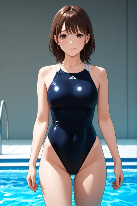 A Japanese woman with medium brown hair in a high leg swimsuit came out of the pool