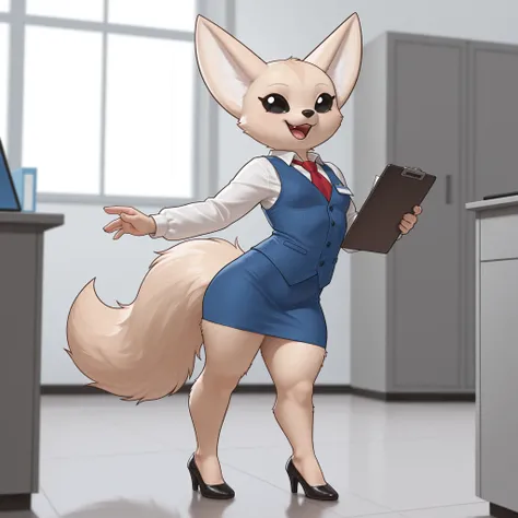 Masterpiece, newest, solo:1.3,  zZFenneko, black_eyes, wearing blue vest, white long sleeve shirt, red tie, heels, in an office, small breast size, slender, holding a clipboard, :D,BREAK, detailed eyes, photorealistic details, depth of field, detailed fluf...