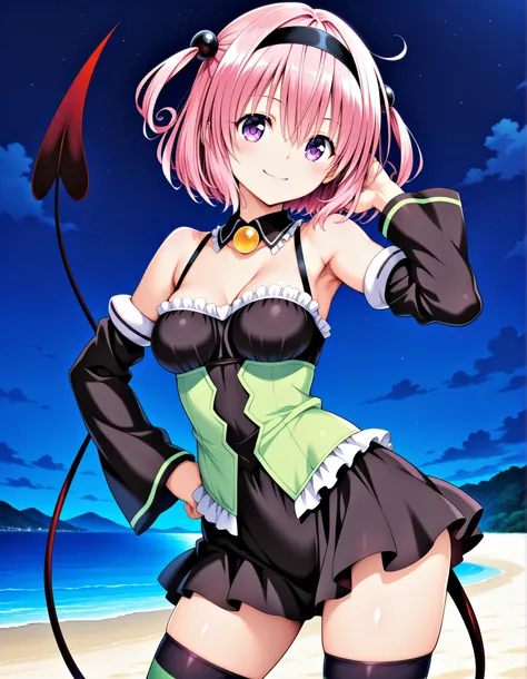 aamomo, short hair, pink hair, two side up, black hairband, purple eyes, medium breasts, demon tail, detached collar, bare shoulders, frills, black dress, green shirt, detached sleeves, striped thighhighs, anime screencap, shiny skin, high quality, solo, t...