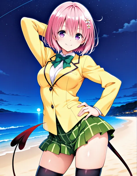 aamomo, short hair, pink hair, hair flower, purple eyes, medium breasts, demon tail, school uniform, green bowtie, white shirt, blazer, yellow jacket, long sleeves, plaid skirt, green skirt, black thighhighs, anime screencap, shiny skin, high quality, solo...