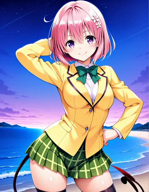 aamomo, short hair, pink hair, hair flower, purple eyes, medium breasts, demon tail, school uniform, green bowtie, white shirt, blazer, yellow jacket, long sleeves, plaid skirt, green skirt, black thighhighs, anime screencap, shiny skin, high quality, solo...