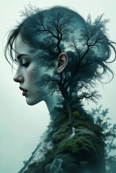 Beautiful girls integrated into a strange landscape, 全部融合为surrealism数字绘画,style is like Jerry N. Ulsman and Meret Oppenheim, using multiple exposure effects to create a melancholy atmosphere, like, surrealism, Also, the mystical, follows the ideal compositi...