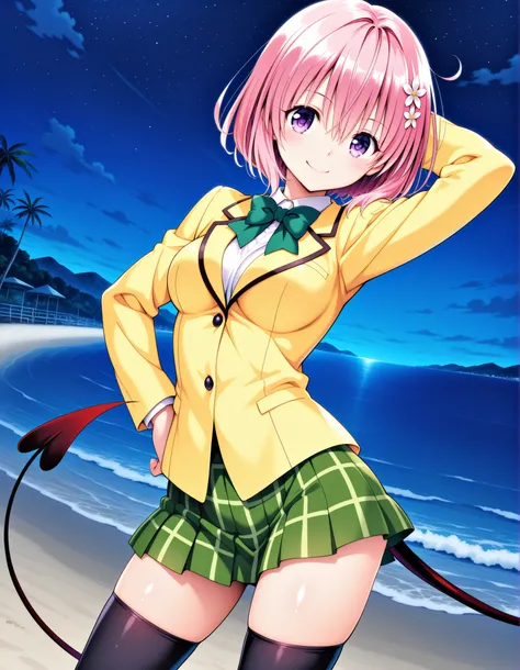 aamomo, short hair, pink hair, hair flower, purple eyes, medium breasts, demon tail, school uniform, green bowtie, white shirt, blazer, yellow jacket, long sleeves, plaid skirt, green skirt, black thighhighs, anime screencap, shiny skin, high quality, solo...