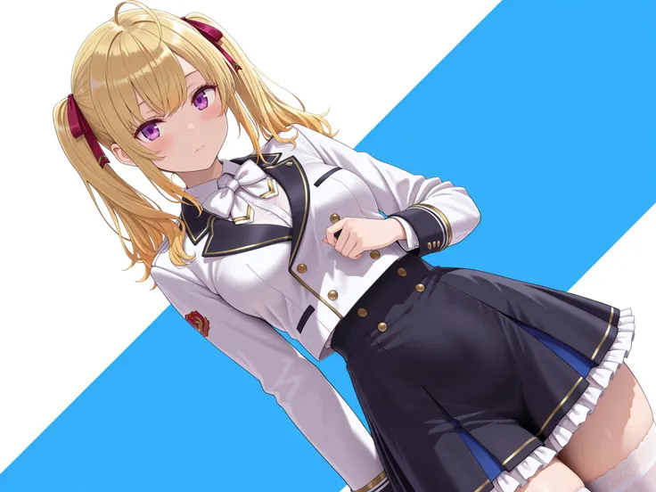 solo,masterpiece,best quality, amazing quality, highres, absurdres, very aesthetic, high resolution, ultra detailed, perfect details,nijirion,medium breasts,purple eyes,blonde hair,twintails,ahoge,hair ribbon,nijirioncos,white shirt,white bowtie,white jack...