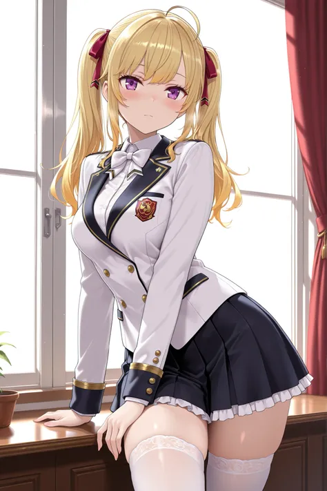 solo,masterpiece,best quality, amazing quality, highres, absurdres, very aesthetic, high resolution, ultra detailed, perfect details,nijirion,medium breasts,purple eyes,blonde hair,twintails,ahoge,hair ribbon,nijirioncos,white shirt,white bowtie,white jack...