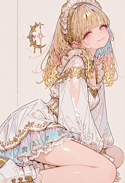  lineart, thin lines, thin colors, watercolor, soft touch, colorful, deformed, background subject, fantasy, white theme, 

1 girl, solo, gold hair, long hair, translucent hair, Rococo style, frills, lace, dresses with lots of frills and lace, gorgeous dres...