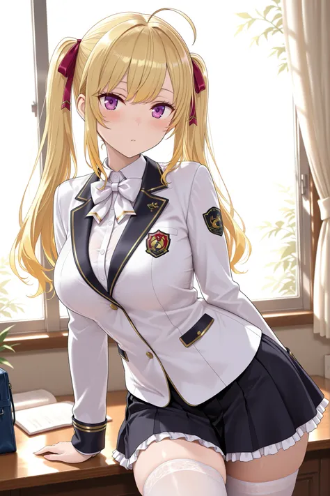 solo,masterpiece,best quality, amazing quality, highres, absurdres, very aesthetic, high resolution, ultra detailed, perfect details,nijirion,large breasts,purple eyes,blonde hair,twintails,ahoge,hair ribbon,nijirioncos,white shirt,white bowtie,white jacke...