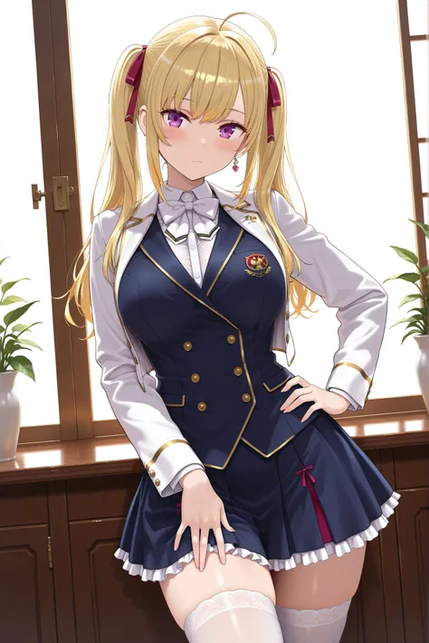 solo,masterpiece,best quality, amazing quality, highres, absurdres, very aesthetic, high resolution, ultra detailed, perfect details,nijirion,large breasts,purple eyes,blonde hair,twintails,ahoge,hair ribbon,nijirioncos,white shirt,white bowtie,white jacke...