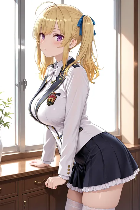 solo,masterpiece,best quality, amazing quality, highres, absurdres, very aesthetic, high resolution, ultra detailed, perfect details,nijirion,large breasts,purple eyes,blonde hair,twintails,ahoge,hair ribbon,nijirioncos,white shirt,white bowtie,white jacke...