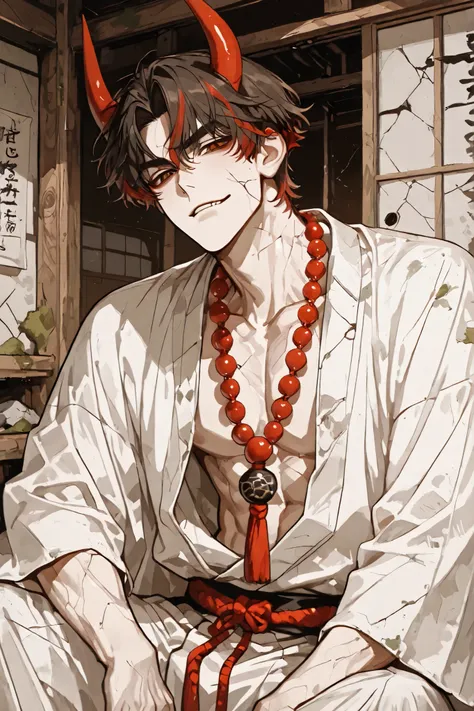 handsome man in his late 20s, subtly muscular build, black short hair with red streaks, light messy bangs slightly covering forehead but not hiding his eyes, one large red horn on forehead, mature and sharp facial features, well-defined symmetrical eyes, n...
