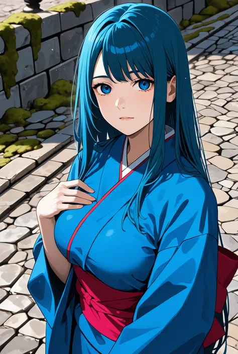 ((Stomp Over、Killing Woman:1.mall beautiful breasts　Pretty Colored Blue Kimono　Outdoors　moss　Cobblestone