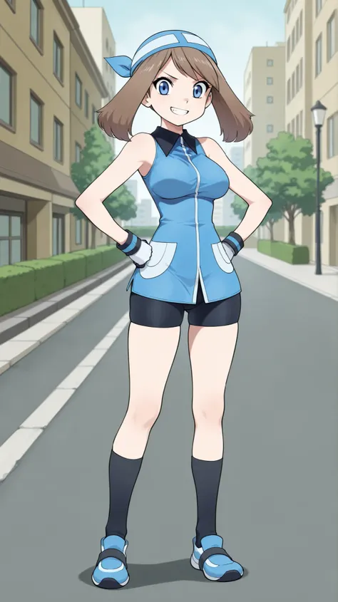 adult older sister, Tall, left hands on hips, Black Knee High Socks, thighs, Blue shoes, ((anime screenshot, anime cong, )) SapphireBirchILXL, ((top quality)), ((masterpiece)), ((details)), solo, 1girl, two legs, two arms, anime coloring book, 1 woman, Age...