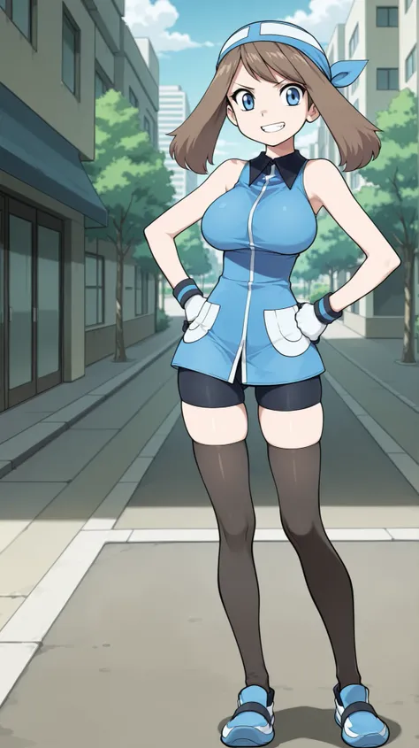 adult older sister, Tall, left hands on hips, black knee-high stockings, Absolute region, thighs, Blue shoes, ((anime screenshot, anime cong, )) SapphireBirchILXL, ((top quality)), ((masterpiece)), ((details)), solo, 1girl, two legs, two arms, anime colori...