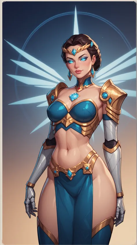 A powerful futuristic goddess-like nanotech armor called "Neomaya", standing 6.7 feet tall in a dramatic 9:16 vertical sci-fi frame. The armor has a sleek, feminine, and curvaceous design with glowing white-gold plating and intricate blue light accents. Th...
