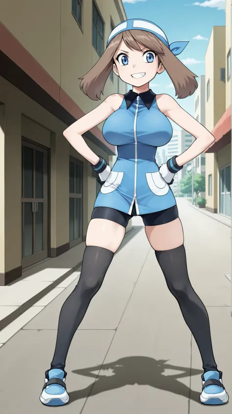 adult older sister, Tall, left hands on hips, black knee-high stockings, Absolute region, thighs, Blue shoes, ((anime screenshot, anime cong, )) SapphireBirchILXL, ((top quality)), ((masterpiece)), ((details)), solo, 1girl, two legs, two arms, anime colori...