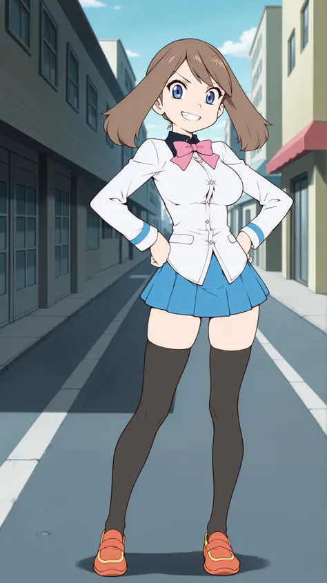 adult older sister, Tall, left hands on hips, bare hands, uniform, black knee-high stockings, Absolute region, thighs, loafers, white long sleeve button shirt, Pink bowtie, blue pleated mini skirt, ((anime screenshot, anime cong, )) SapphireBirchILXL, ((to...