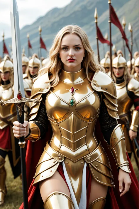 Depicting the entire body, a female warrior with a voluptuous and beautiful body stands bravely, wearing intricate and strong shining golden armor, vowing victory, holding up a hero's sword, a divine morning glow shining on the battlefield, crimson lipstic...