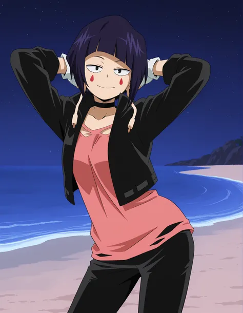 illujiro, short hair, bangs, long earlobes, purple hair, black hair, black eyes,
facial mark, black jacket, collarbone, choker, white gloves, fingerless gloves, pants, pink shirt, anime screencap, shiny skin, high quality, solo, night sky, beach, hands beh...