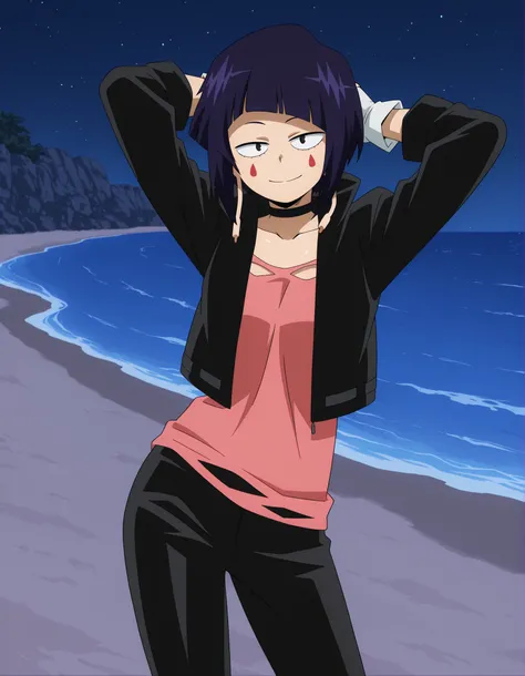 illujiro, short hair, bangs, long earlobes, purple hair, black hair, black eyes,
facial mark, black jacket, collarbone, choker, white gloves, fingerless gloves, pants, pink shirt, anime screencap, shiny skin, high quality, solo, night sky, beach, hands beh...