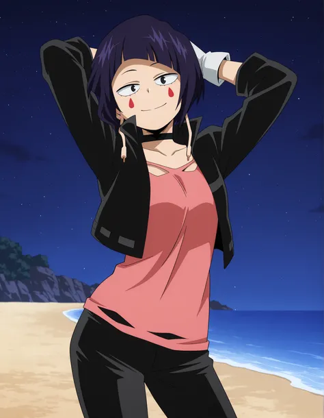 illujiro, short hair, bangs, long earlobes, purple hair, black hair, black eyes,
facial mark, black jacket, collarbone, choker, white gloves, fingerless gloves, pants, pink shirt, anime screencap, shiny skin, high quality, solo, night sky, beach, hands beh...