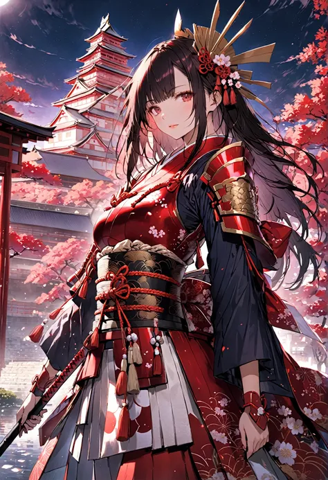 (masterpiece, top quality, Super Detailed, highest resolution),(Rin equipped with crimson feet from the Sengoku period in Japan々A dark-haired woman is standing:1.5),(The woman holds a spear in her right hand:1.2),(The background is an old Japanese castle:1.5),Female City Lord,Ii Naotora,Sanada Yukimura,Takeda Shingen,Red Armor,(reminiscent of Japan's Sengoku period:1.2),[soft contrast],