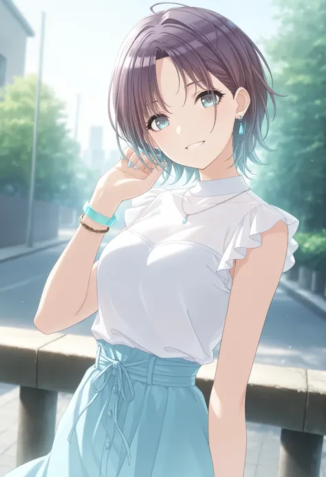  masterpiece,best quality, good quality, ,,outdoors,  shanimas,  source_anime,asakura toru, short hair, brown hair, blue hair, blue eyes, 1girl, solo, looking at viewer, ahoge, jewelry, earrings, smile, white shirt,, parted bangs, bracelet, sleeveless dres...