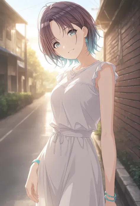  masterpiece,best quality, good quality, ,,outdoors,  shanimas,  source_anime,asakura toru, short hair, brown hair, blue hair, blue eyes, 1girl, solo, looking at viewer, ahoge, jewelry, earrings, smile, white shirt,, parted bangs, bracelet, sleeveless dres...