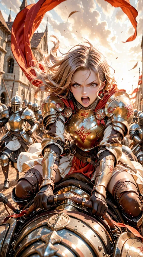 Dynamic perspective angle shot, A digital art image shows a Charioteer, long brunette hair, beautiful light brown colors eyes, charging in to the battle . She shouting a battlecry   .She is dress metallic warrior armor. and she rides a chariot in full spee...