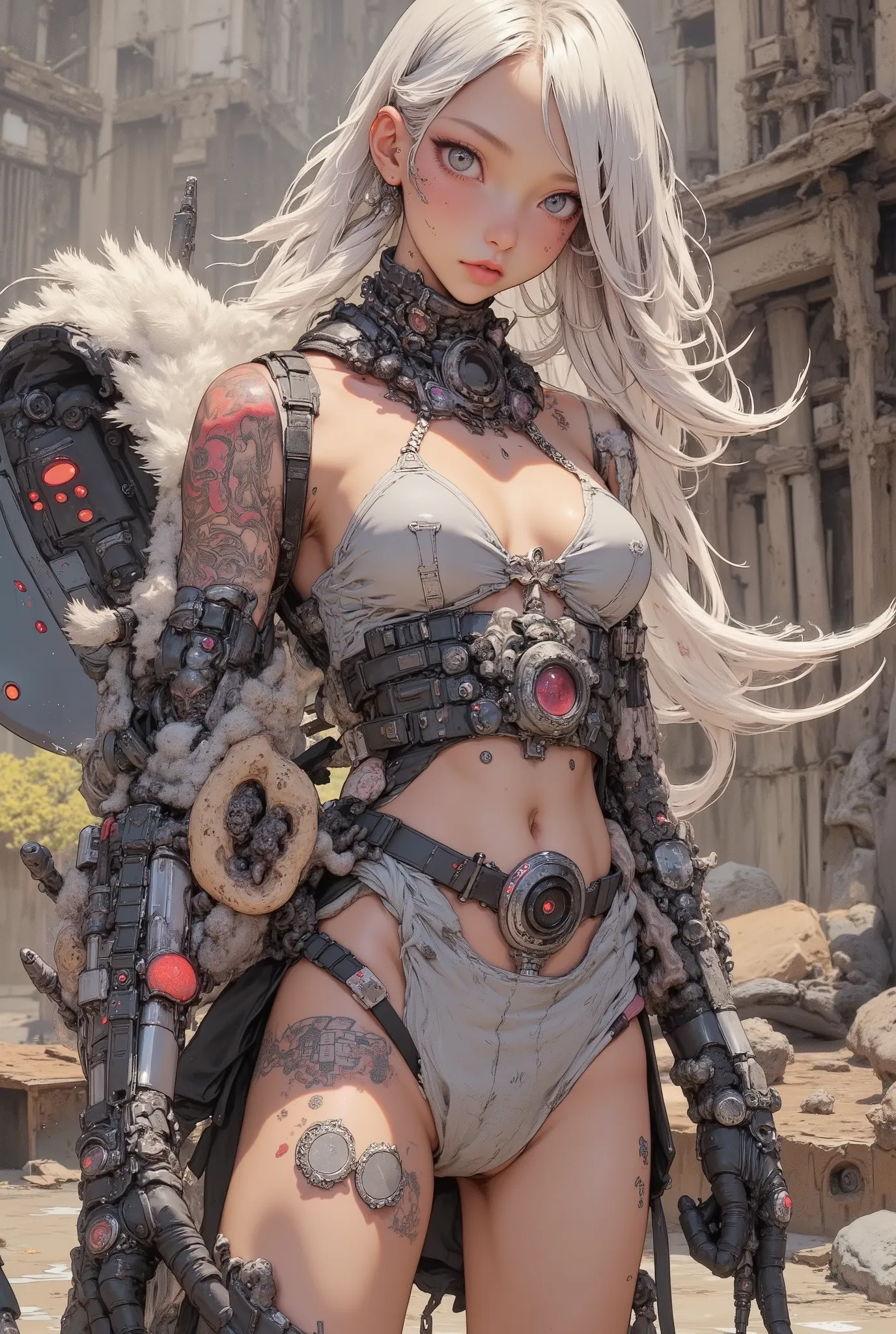 1 girl, beautiful slim busty japanese woman, berserker, (holding axe:1.6), fighting stance, ((slashing)), fur trim, loincloth, belt, boots, gloves, (jewelry:1.3), dual wielding, (thigh-up:1.2), wasteland, (((Cleavage, Big Breasts))), (Sweaty:1.4), Full bod...
