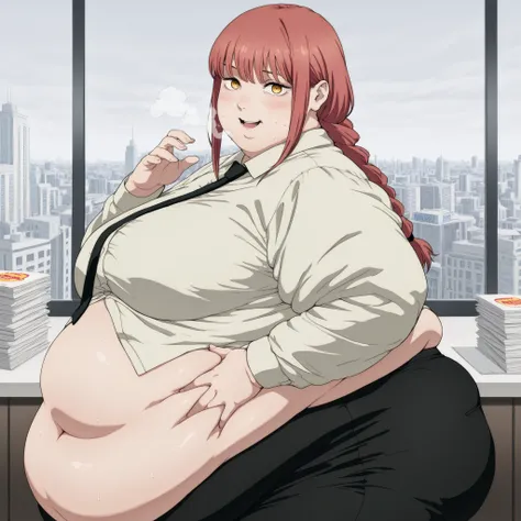 masterpiece, Highest Quality, great quality,,  Makima, Makima (chainsaw man), long hair, bungs, yellow eyes, braid, red hair, braided ponytail, mature woman, medium chest, anime screen capture, pants, Office Lady, hand on own stomach, looking at viewer, sm...
