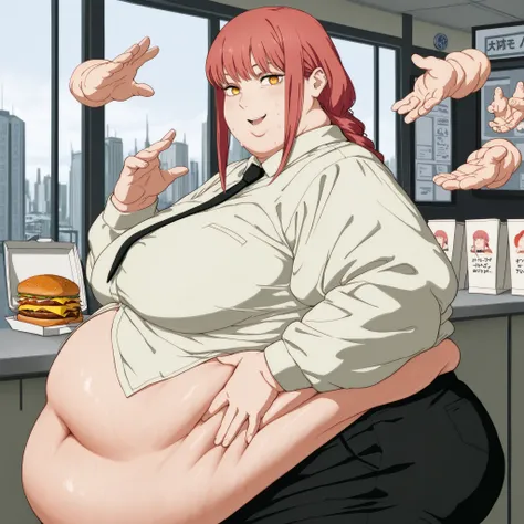 masterpiece, Highest Quality, great quality,,  Makima, Makima (chainsaw man), long hair, bungs, yellow eyes, braid, red hair, braided ponytail, mature woman, medium chest, anime screen capture, pants, Office Lady, (((getting offered hamburgers by floating ...