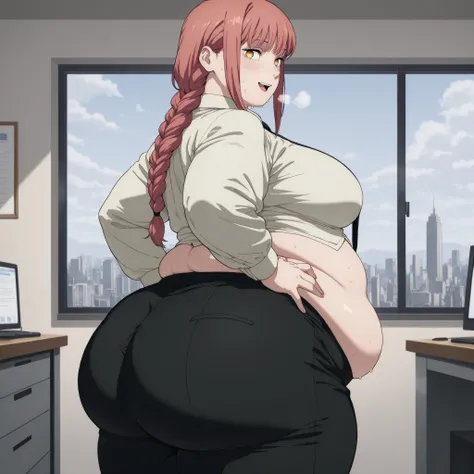 masterpiece, Highest Quality, great quality,,  Makima, Makima (chainsaw man), long hair, bungs, yellow eyes, braid, red hair, braided ponytail, mature woman, medium chest, anime screen capture, pants, Office Lady, hand on own hip, looking at viewer, smile,...
