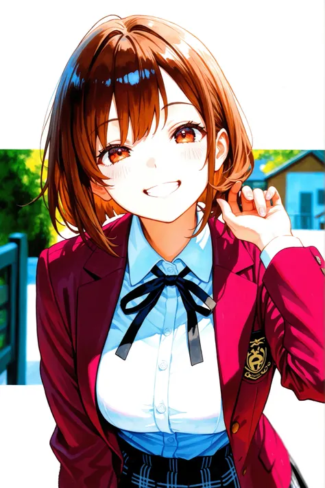 1girl, brown hair,Loose and fluffy bob,Maroon Blazer 、black ribbon、Check Skirt、background is live house、pieces with both hands、expression of joy、has a smiling face、depth of field, fake traditional media, Picturesque, Impressionism, masterpiece, high score,...