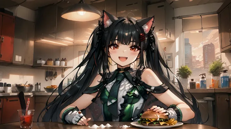 ((soap opera junkotvvxl, Black hair, Red Eyes, cat ears, adult, feminine, Black hair,  Red Eyes)), goth girl,alone, alone, Gothic aesthetics, , bodysuit, green bodysuit, white bodysuit, two-tone bodysuit, necktie, shocks, bare shoulders, skin tight, finger...