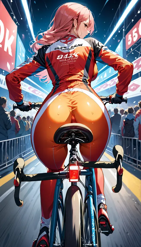 (masterpiece:1.2),(Highest quality),(Super detailed:1.2),(High resolution),(Highest quality),(An illustration),8k,Cinema Lighting,(Written boundary depth),(Sophisticated lighting:1.2),Rear view of a woman riding a bicycle,(Racing Suits),(Racing Gloves),((L...