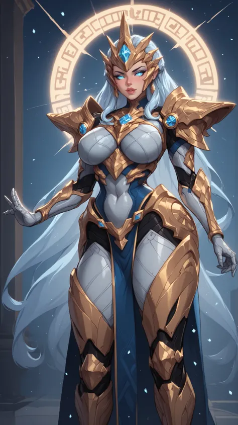 A powerful futuristic goddess-like nanotech armor called "Neomaya", standing 6.7 feet tall in a dramatic 9:16 vertical sci-fi frame. The armor has a sleek, feminine, and curvaceous design with glowing white-gold plating and intricate blue light accents. Th...