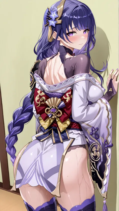 Score_9_up,Score_8_up,Score_7_up,1 Female, solo,purple hair, braided ponytail, braid, purple eyes, mole under eye, large breasts, purple nails,hair ornament,eienmusou outfit, hair ornament, thighhighs, raixx thighhighs, long sleeves, ribbon,hair flower, wi...