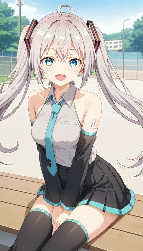 score_9, score_8_up, score_7_up, source_anime, masterpiece, medium breasts, perfect face, 1girl, cute expression, smiling, looking at viewer, background: meadow, alisamikhailovna, alisamikhailovna kujou, long hair, bangs, blue eyes, ahoge, gray hair,master...