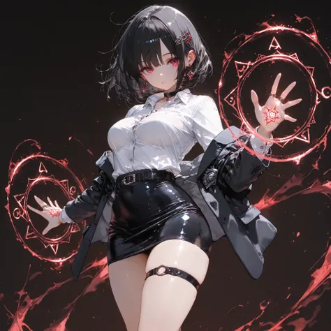 ((best quality)), ((masterpieces)), (detailed), perfect face, SOLO, ((1 girl)), ANIME, beautiful detailed eyes, BOB hair, BOBed hair, black hair, RED EYES, BARE thighs, (((BARE LEG))), ((black tight-fitting Mini office skirt)), (((dress shirt))), ((Medium ...