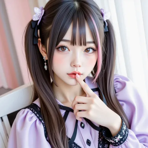a cute girl with porcelain skin, long straight black hair with pastel pink highlights, wearing a modern gothic ta outfit, soft lavender puff-sleeved blouse with black lace trims and decorative buttons, ribbon bowtie at the collar, silver accessories and butterfly-shaped earrings, posing indoors with a finger near her lips, soft lighting, pastel background, anime-inspired aesthetic, ultra-detailed facial features, big sparkling eyes, subtle makeup, dreamy and delicate atmosphere, Japanese kawaii style, high-resolution fashion portrait, front-facing composition