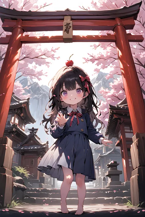 (One personの少女)、One person、Solo Photo、uniform、Barefoot、dark haired、long hair、stupid hair、ribbon on head、(Primary school student 1.2)、with a young face、(child)、Smile Yan、full body image、face up with ties、highlight face 、raise your hand upward、Legs、Mountain、...