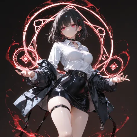((best quality)), ((masterpieces)), (detailed), perfect face, SOLO, ((1 girl)), ANIME, beautiful detailed eyes, BOB hair, BOBed hair, black hair, RED EYES, BARE thighs, (((BARE LEG))), ((black tight-fitting Mini office skirt)), (((dress shirt))), ((Medium ...